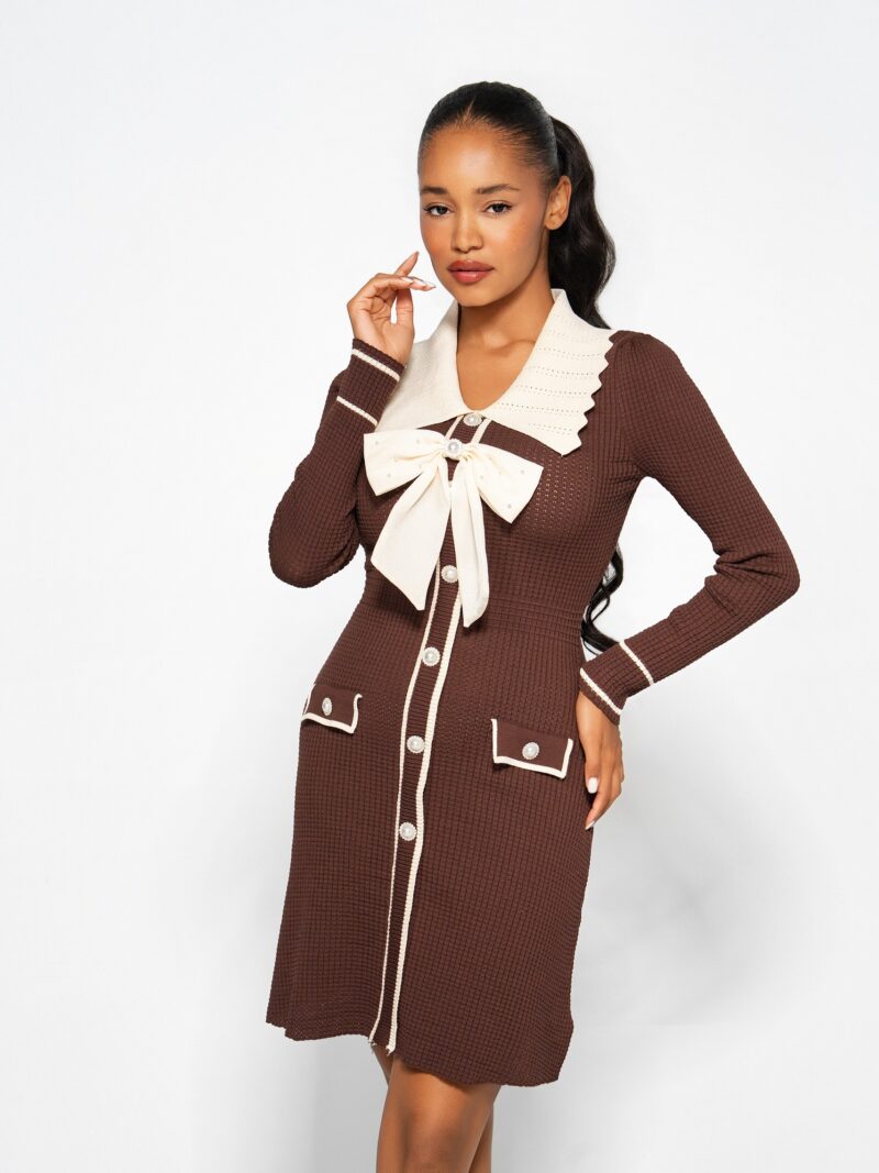 Кафява рокля от фино плетиво с панделка „Choco Belle“
